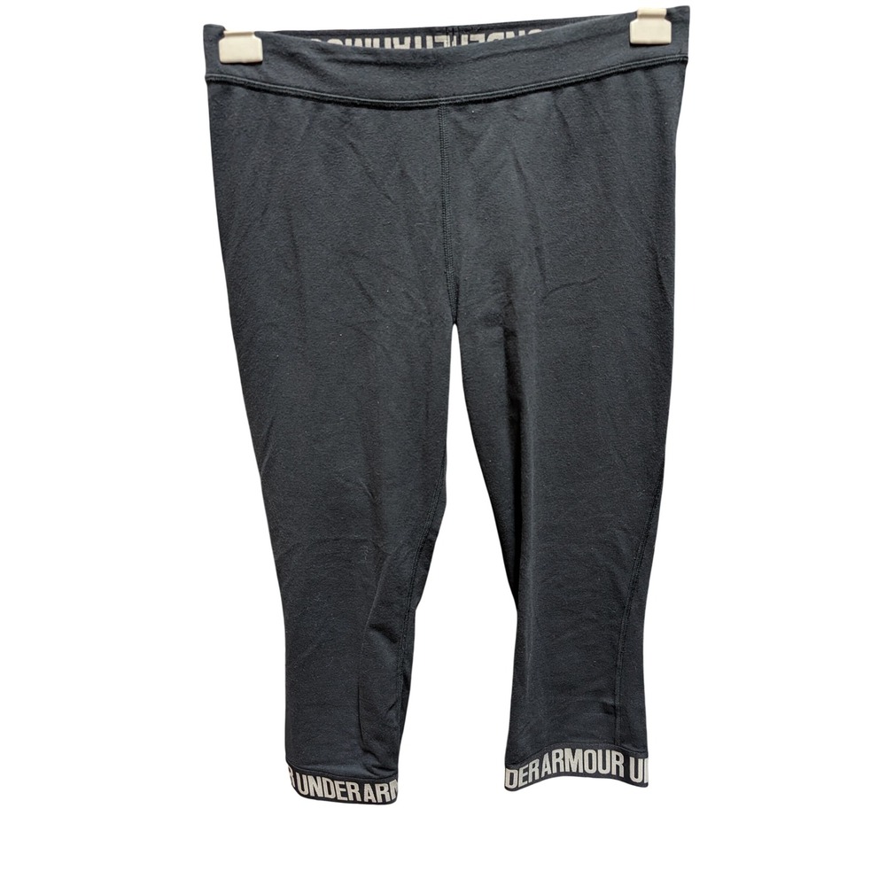 Under Armour Capri Leggings Women L Black Good HeatGear Branded Cuffs Cotton
